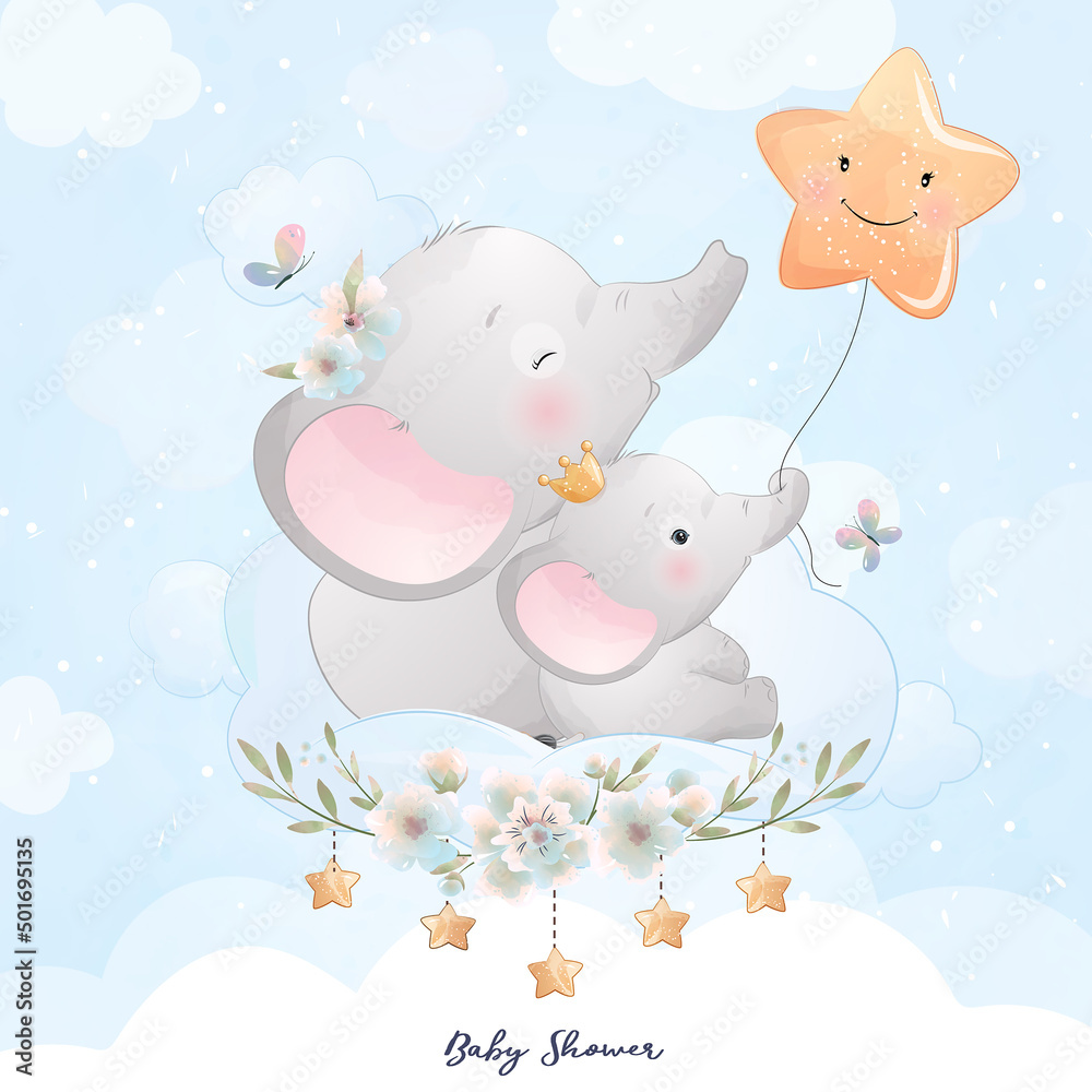 Cute doodle elephant with star illustration