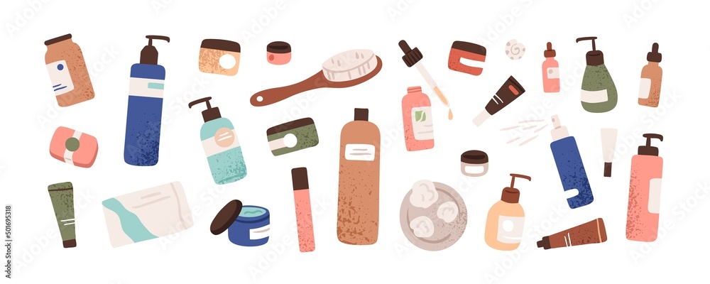 Cosmetic beauty products in bottles, jars set. Body, face care, skincare hygiene essences. Cream, lotion, hair shampoo, shower gel, soap. Flat graphic vector illustrations isolated on white background - obrazy, fototapety, plakaty 