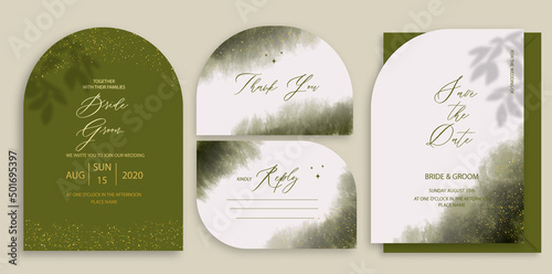 Modern wedding invitation, green and golden wedding invitation template, arch shape with leaf shadow and handmade calligraphy.