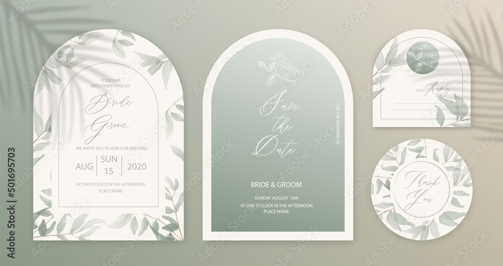 Luxury arch wedding invitation card background with green watercolor ...