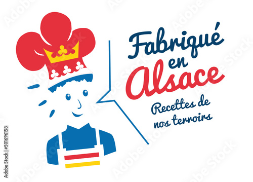 Logo fabriqué en Alsace, chef avec toque, recettes de cuisine de notre terroir.