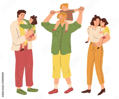 Set Parents hug their children. Mothers and fathers are playing with kids. Happy family. The upbringing and care of children. Flat style in vector illustration. Isolated persons.