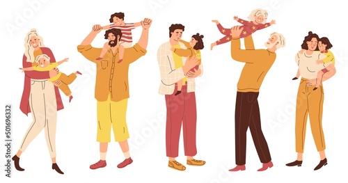 Set Parents hug their children. Mothers and fathers are playing with kids. Happy family. The upbringing and care of children. Holiday in kindergarten. Flat style in vector illustration. Isolated