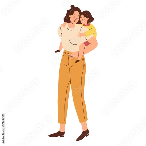Mom and daughter. Mom rolls the baby on her back. Parent plays with kid. Happy family. The upbringing and care of children. Flat style in vector illustration. Isolated persons.