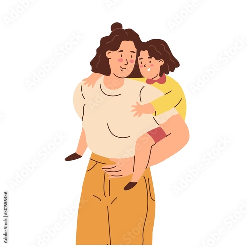 Mom and daughter. Mom rolls the baby on her back. Parent plays with kid. Happy family. The upbringing and care of children. Flat style in vector illustration. Isolated persons.