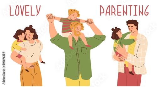 Set Parents hug their children. Mothers and fathers are playing with kids. Happy family. The upbringing and care of children. Flat style in vector illustration. Isolated persons.