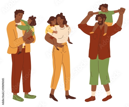 Set Parents hug their children. Mothers and fathers are playing with kids. Happy family. The upbringing and care of children. Flat style in vector illustration. Isolated persons.