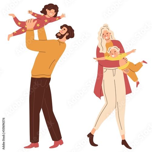Set Parents hug their children. Mothers and fathers are playing with kids. Happy family. The upbringing and care of children. Flat style in vector illustration. Isolated persons.