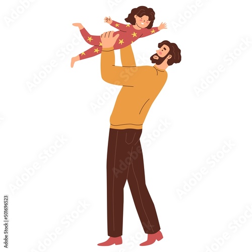 Dad and daughter. Father throws up his child. Parent plays with kid. Happy family. The upbringing and care of children. Flat style in vector illustration. Isolated persons.