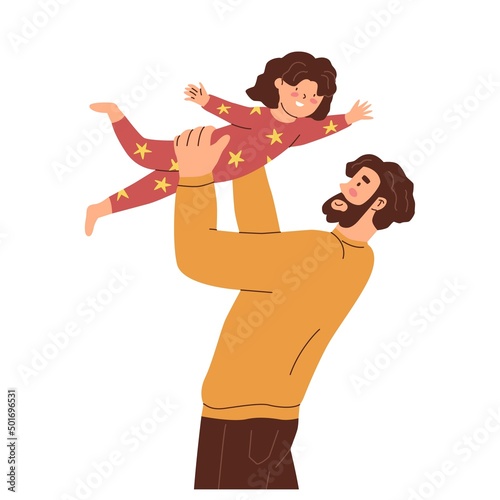 Dad and daughter. Father throws up his child. Parent plays with kid. Happy family. The upbringing and care of children. Flat style in vector illustration. Isolated persons.