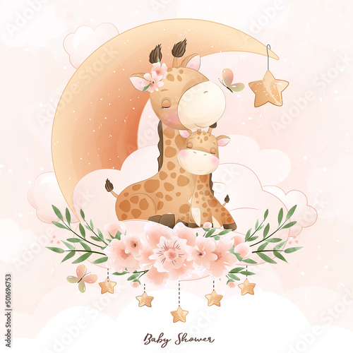 Plakaty dla dzieci  cute-doodle-giraffe-with-floral-illustration