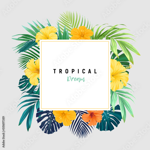 Fototapeta Summer tropical background with exotic palm leaves and hibiscus flowers