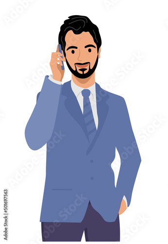 Businessman talking on phone, flat character design. Talking on the phone, chatting. Young man standing and conducting business negotiations by phone