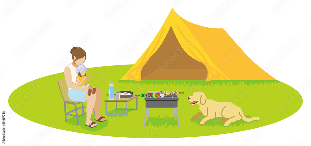 Mother and daughter enjoying camp with a dog - Summer