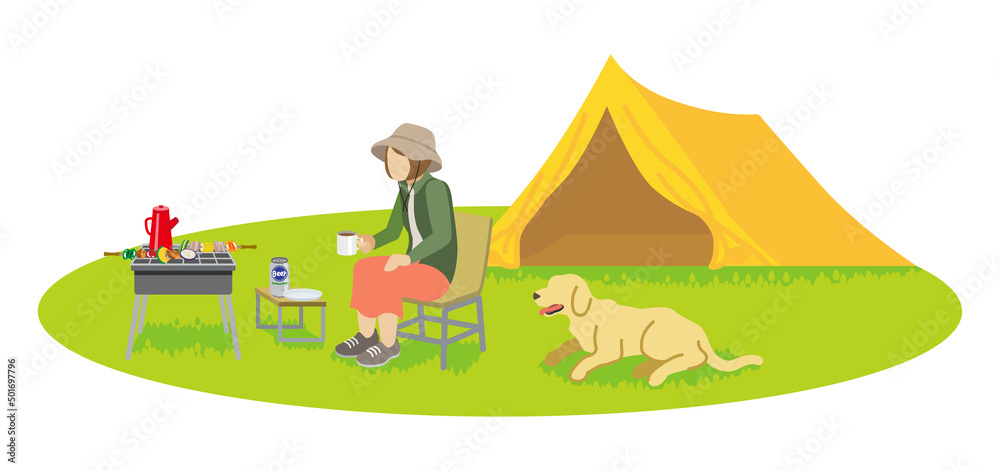 Woman enjoying camp with a dog - Spring or Autumn Woman enjoying camp with a dog - Spring or Autumn