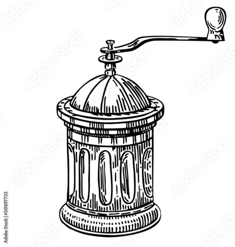 Hand drawing vintage coffee grinder. Coffee shop. Manual coffee grinder. A sketch in ink.