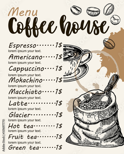 Coffee house menu. Food flyer. Restaurant cafe menu, template design. Vintage restaurant menu design. Corporate identity. Vector illustration.