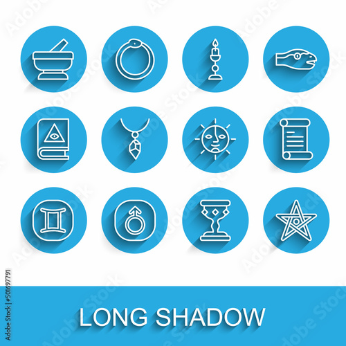 Set line Gemini zodiac, Mars, Mortar and pestle, Medieval goblet, Pentagram, Necklace with crystal, Decree, parchment, scroll and Sun icon. Vector