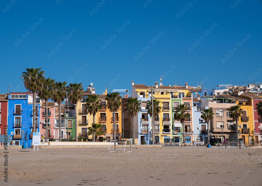 Palm Trees and Colourful Houses Villajoyosa Spain Costa Blanca blue sky