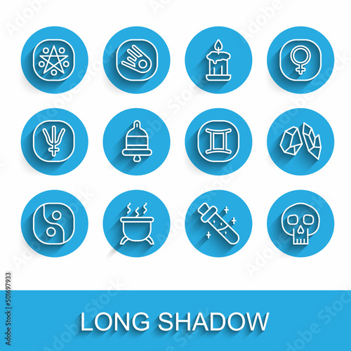 Set line Yin Yang, Witch cauldron, Pentagram circle, Bottle with potion, Skull, Ringing alarm bell, Magic stone and Gemini zodiac icon. Vector