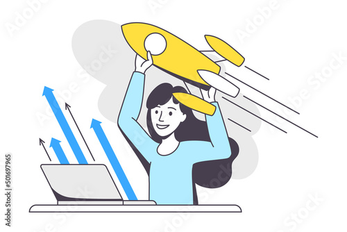 Business Project with Woman Character with Laptop and Rocket Launch Working with Startup Outline Vector Illustration