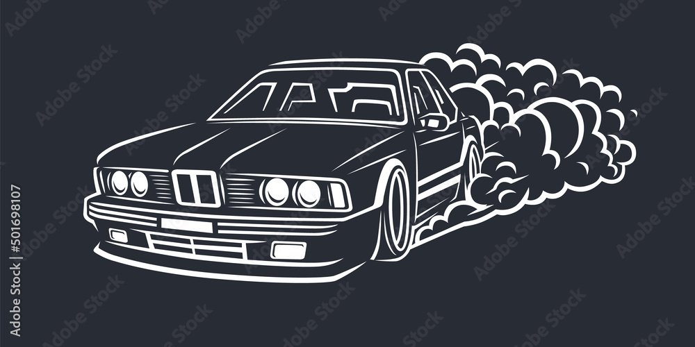 Obraz premium Smoky wheel. Illustration of a drift sports car.
