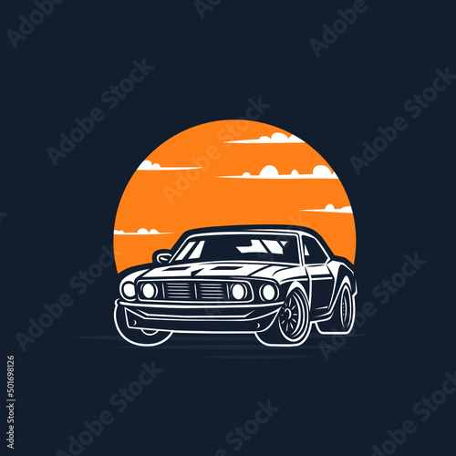 Illustration of a car against the background of the sun disk.