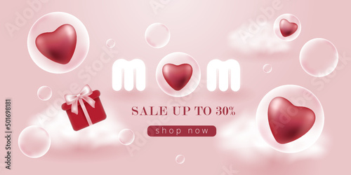 mother's day banner with hearts in balloon and gifts