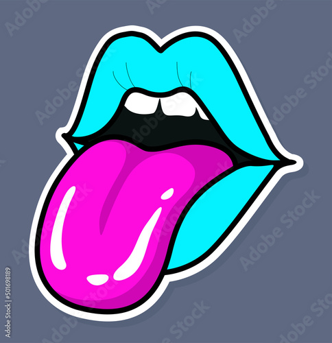 Half-open mouth of a sexy woman, licking, protruding tongue, talking. Sexy woman s mouth or lips licking with tongue sticking out. Framed as a sticker. Vector illustration. Rock-n-roll music icon.