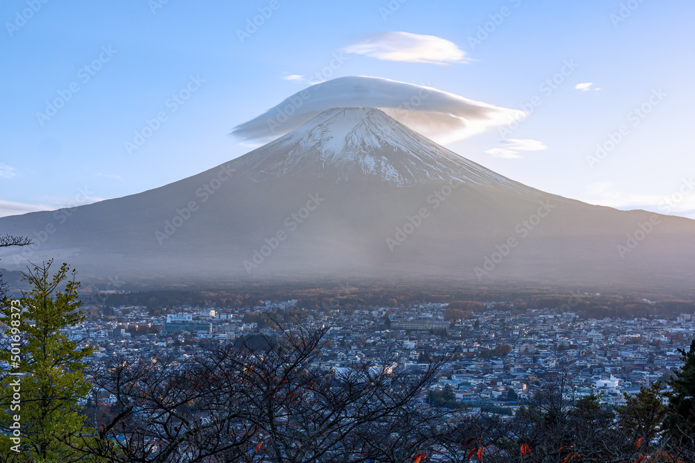 Mt. Fuji with a very rare cloud formation on it's peak