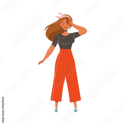 Woman Character Gasping and Touching Her Head with Palm Showing Hand Gesture Expressing Emotion with Body Language Vector Illustration