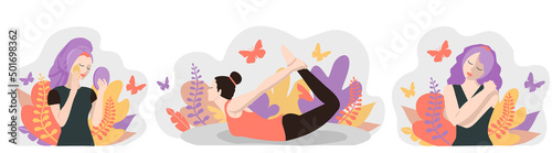 Love yourself Girls set. Vector lifestyle concept card. Motivation to take time for yourself cosmetic procedures, created, do yoga. Cartoon colorful flat style illustration