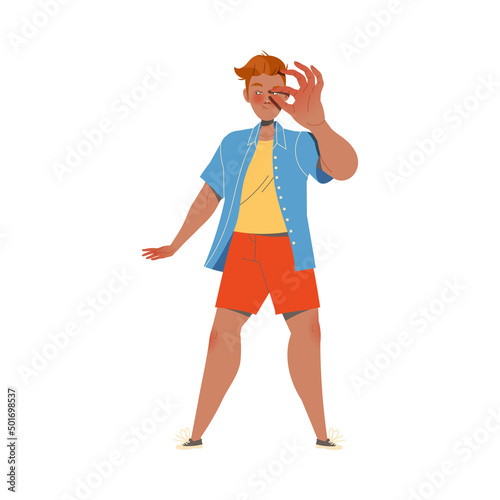 Redhead Man Character Showing Small Size with Finger as Hand Gesture Expressing Emotion with Body Language Vector Illustration