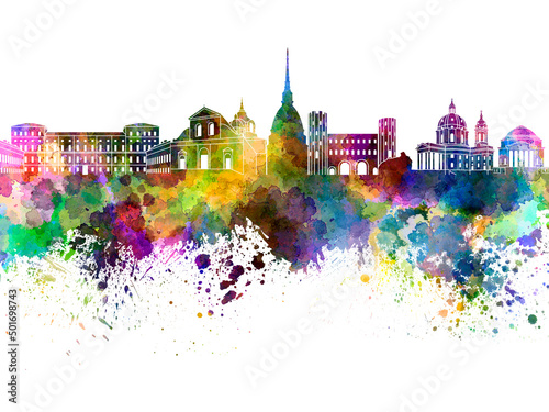 Turin skyline in watercolor on white background