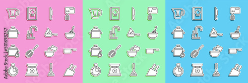 Set line Knife, Saucepan, Kitchen whisk with bowl, Water tap, Cooking pot, Measuring cup and Frying icon. Vector