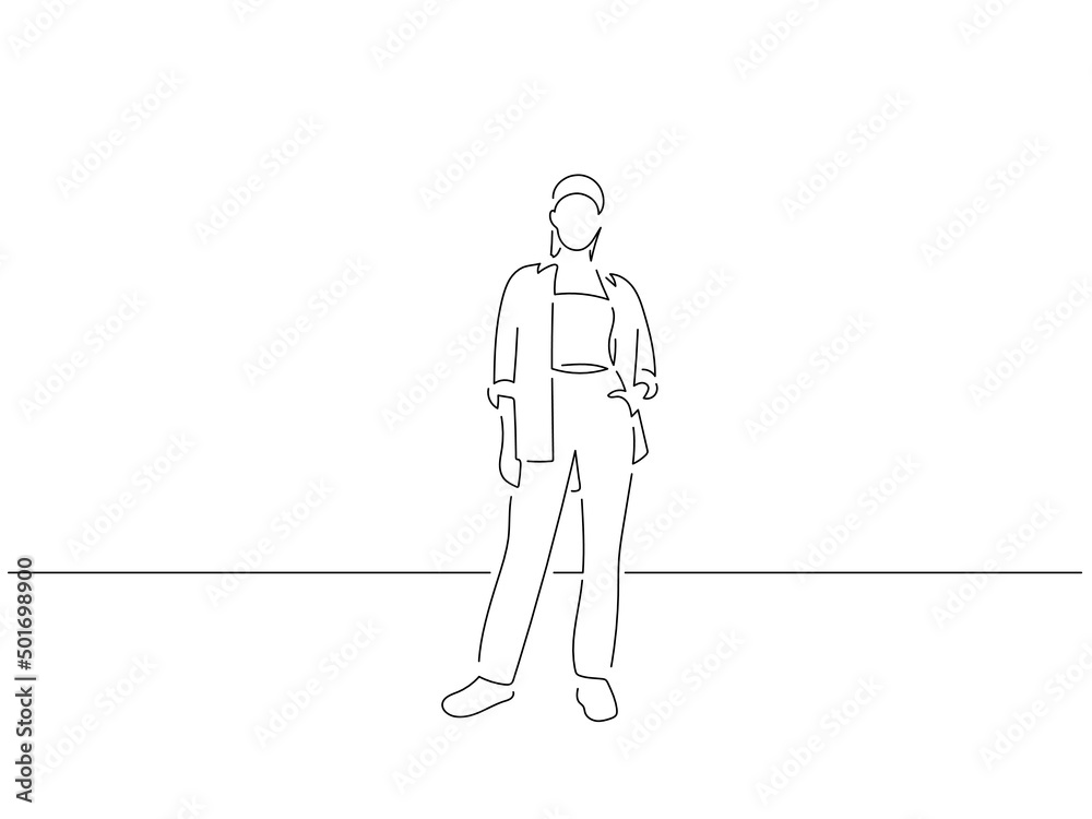 Young fashion model in line art drawing style. Composition of a beautiful woman posing. Black linear sketch isolated on white background. Vector illustration design.