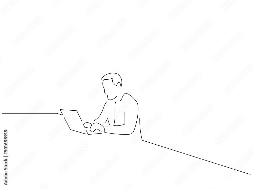 Young man working with a laptop in line art drawing style. Composition of people using technology. Black linear sketch isolated on white background. Vector illustration design.