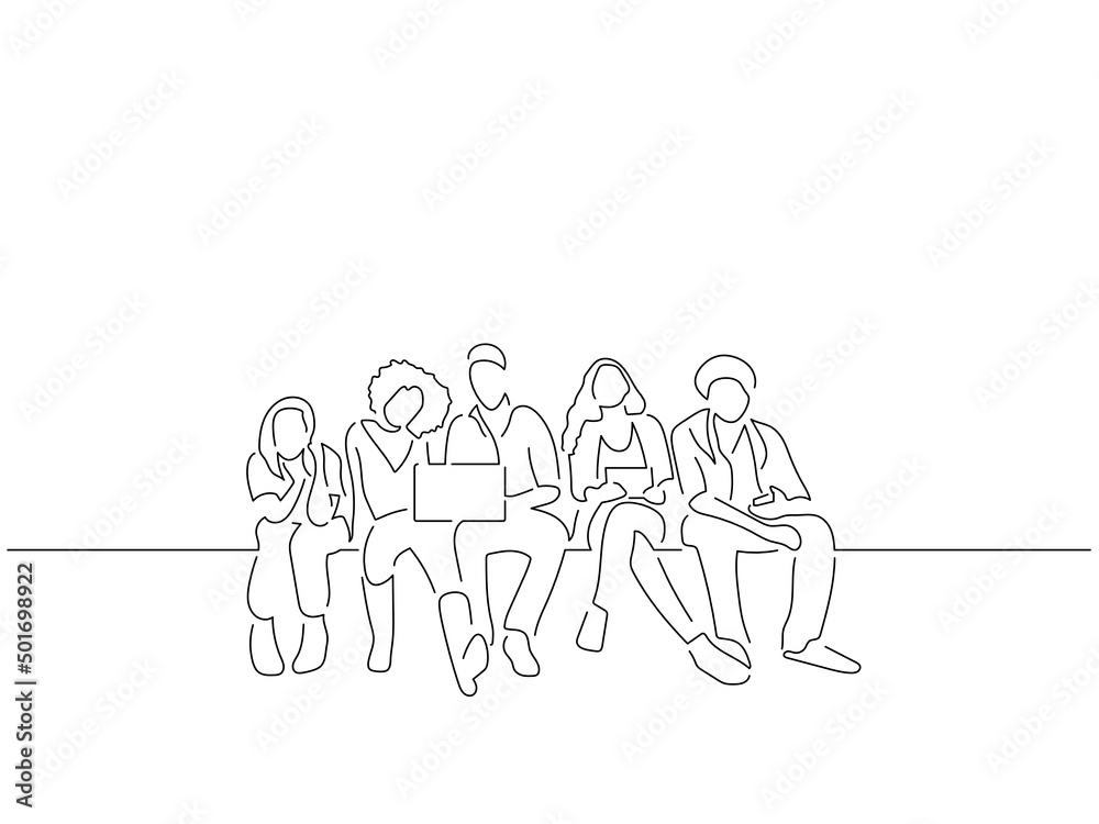 Young friends sitting in line art drawing style. Composition of a group of people using technology. Black linear sketch isolated on white background. Vector illustration design. Young friends sitting in line art drawing style. Composition of a group of people using technology. Black linear sketch isolated on white background. Vector illustration design.