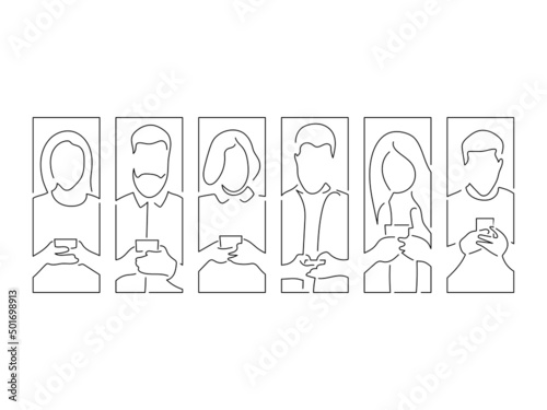 Young people holding a smartphone in line art drawing style. Composition of a group of people using technology. Black linear sketch isolated on white background. Vector illustration design.