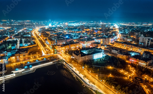 Aerial top view night cityscape of Kazan Tatarstan Russia