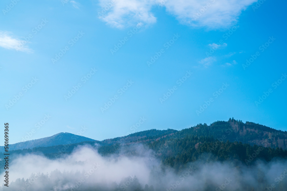 Germany, Beautiful early morning sunrise atmosphere as fog covering valley next to mountains of black forest nature landscape