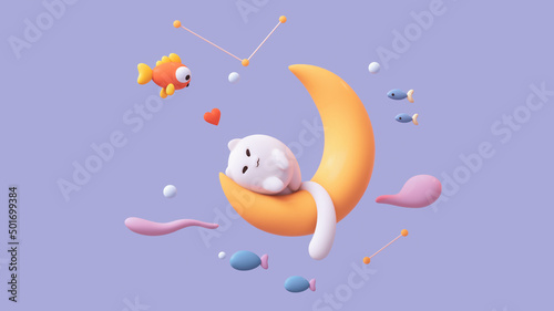 Fat fluffy kawaii white happy cat sleeps on yellow moon dreams of a goldfish floating in the air with pink clouds  red heart shape  bubbles  stars  small fishes. I love you. 3d render on blue backdrop