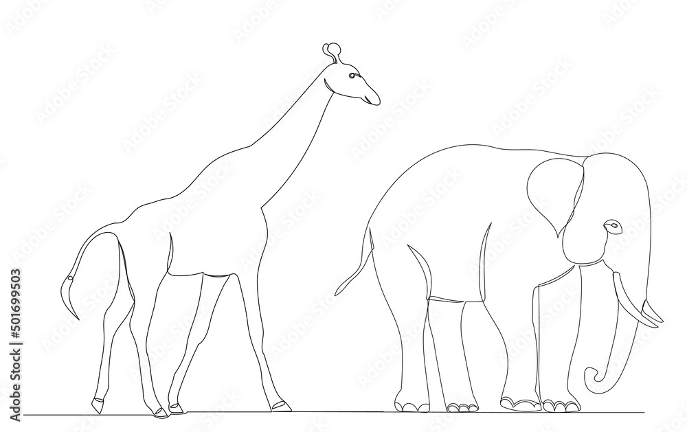 Fototapeta premium elephant and giraffe drawing by one continuous line, sketch vector