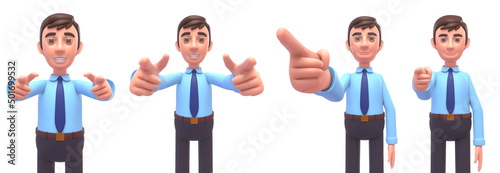 3d render of young businessman pointing forward at camera, we select you or we need you concept