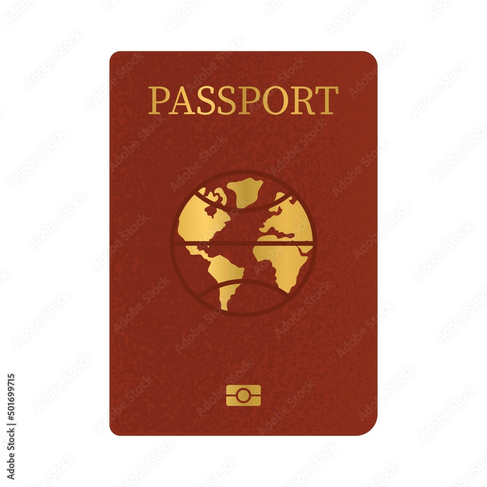 International passport for travelers. Personal ID. Document for immigration. Passage of customs control. Flat style in vector illustration. Isolated element.