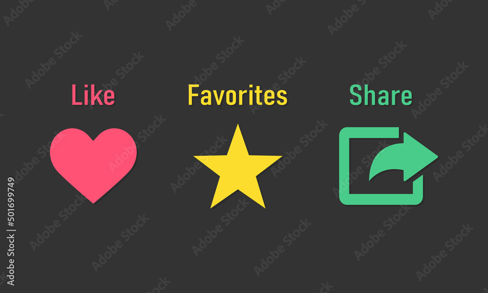 Button templates for web with shadow. Like, share, favorites signs isolated on dark background. Vector EPS 10 Button templates for web with shadow. Like, share, favorites signs isolated on dark background. Vector EPS 10