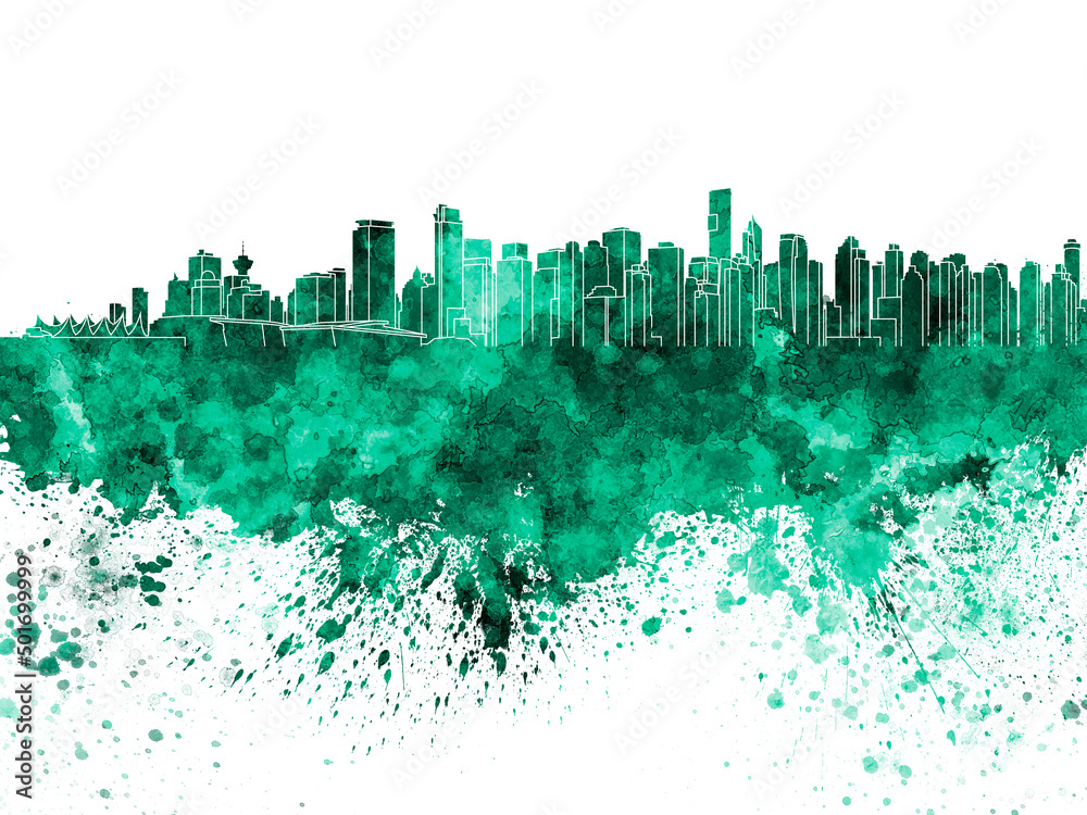 Obraz premium Vancouver skyline in green watercolor on white background