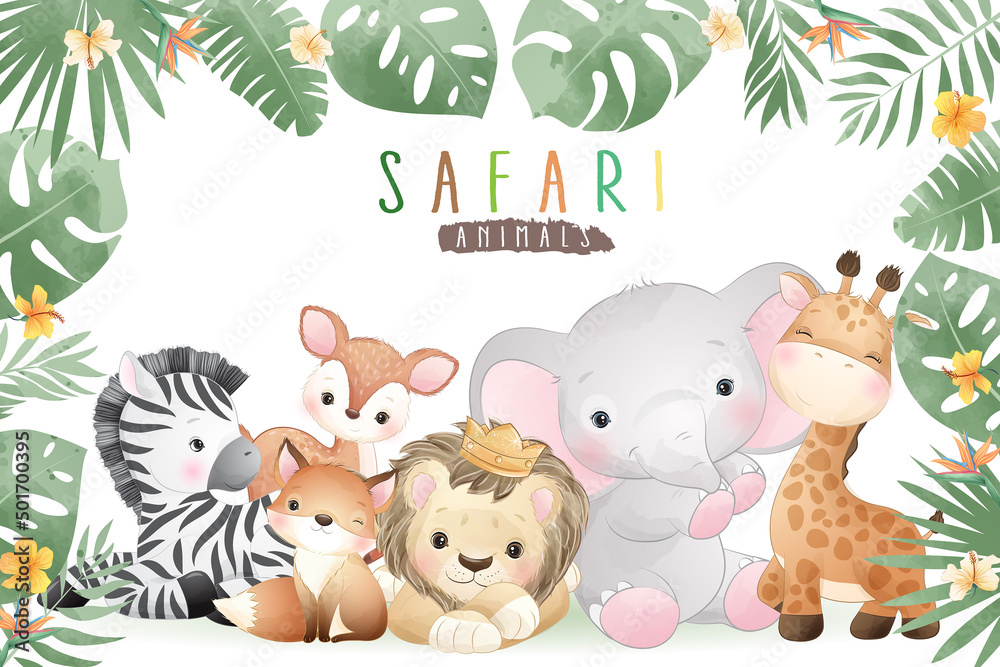 Cute doodle safari animals with floral illustration - obrazy, fototapety, plakaty 