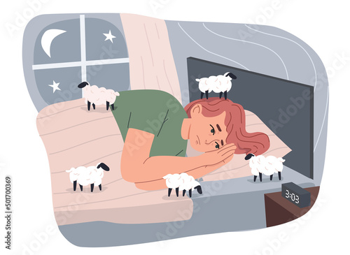Young woman with insomnia lying in bed and counting sheep. Flat vector cartoon style illustration 