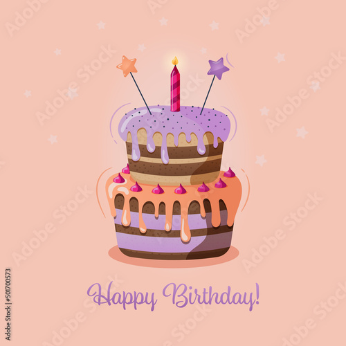 birthday cake with candle orange and purple icing